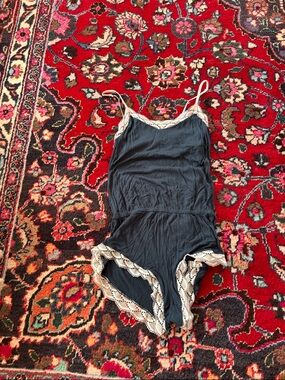 Eberjey Navy Blue Chemise Romper with Cream Lace Trim